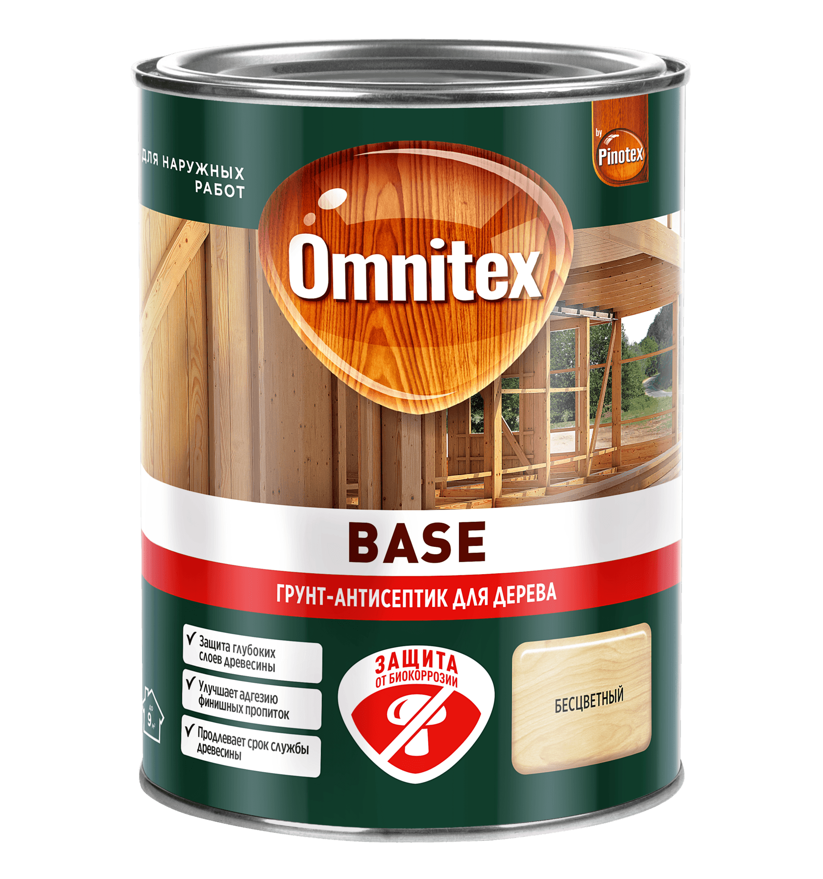 OMNITEX (PINOTEX) BASE грунт антисептик для защиты древесины от плесени и синевы, для наружных работ (0,9л) — фото товара