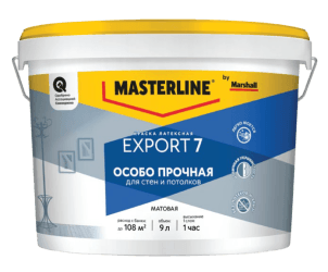 MASTERLINE (MARSHALL) EXPORT 7 ОСОБО ПРОЧНАЯ краска латексная, для стен и потолков, матовая, база BW (4,5л) — фото товара