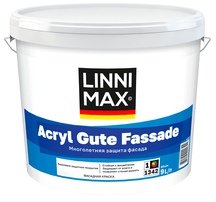 Краска водно-дисперсионная для наружных работ LINNIMAX Acryl Gute Fassade / Акрил Гуте Фассаде База 1, 9 л LinniMax