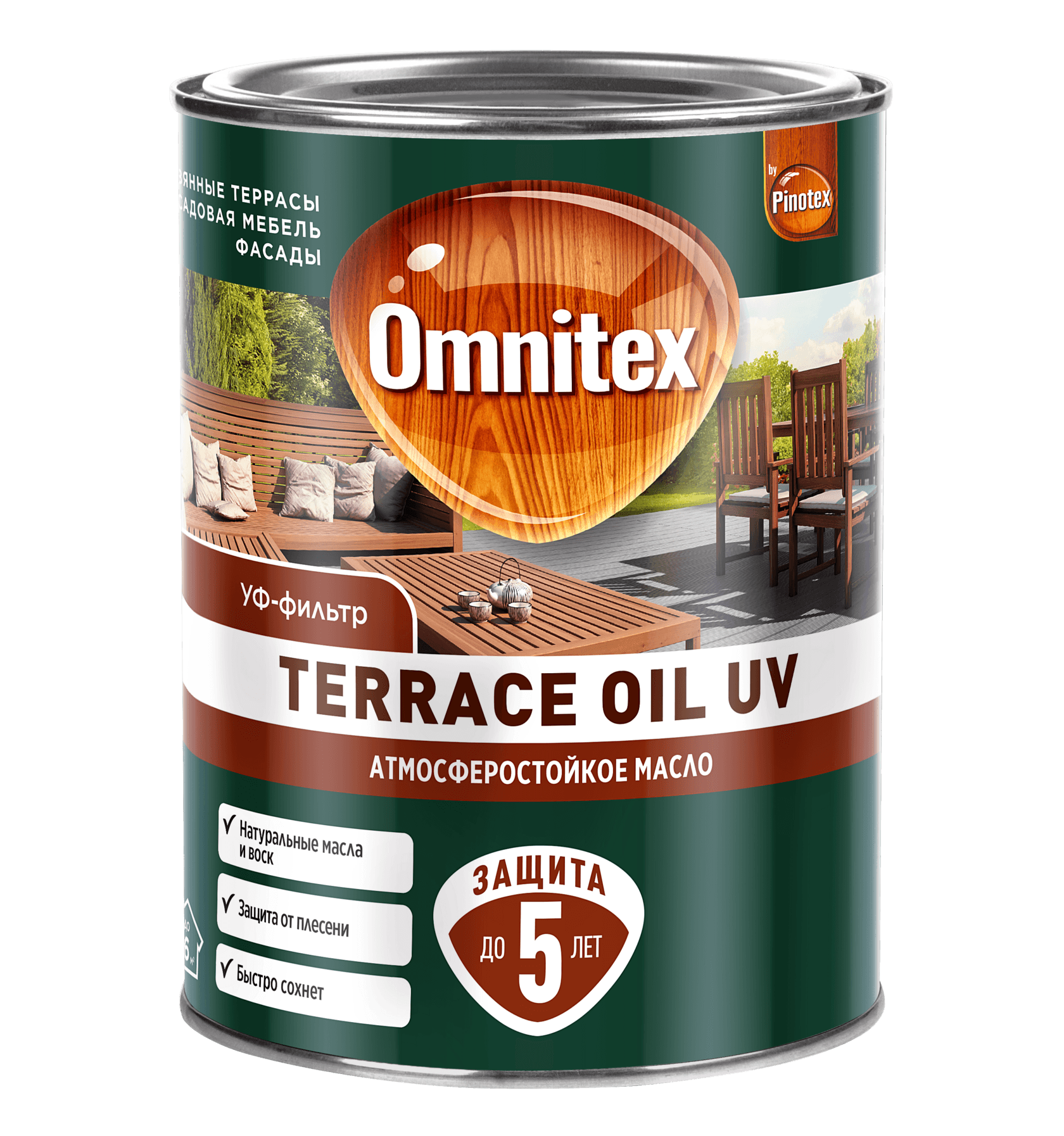 OMNITEX (PINOTEX) TERRACE OIL UV масло для террас, фасадов и садовой мебели, база CLR (0,9л) — фото товара